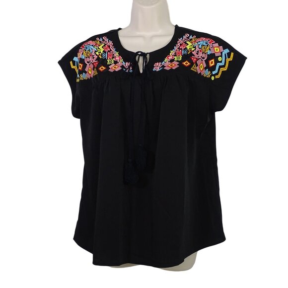 Black Embroidered Boho Blouse Top Women Size M With Tassel Tie Keyhole Neckline - Picture 1 of 7